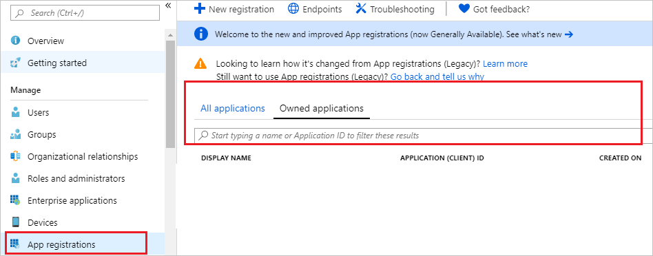 Capture d’écran montrant l’élément « Inscriptions d’applications » sélectionné dans le menu de gauche, et la zone de recherche d’« ID d’application » mise en évidence.