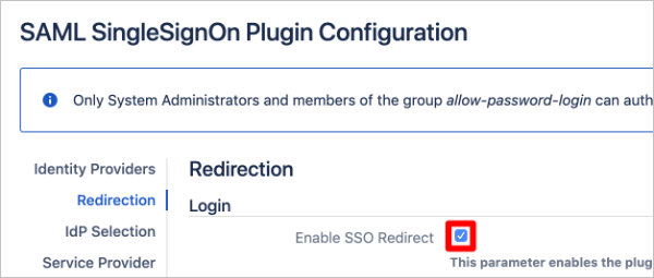 Capture d’écran partielle de la page de configuration du plug-in JIRA SAML SingleSignOn mettant en évidence la case « Enable SSO Redirect » (Activer la redirection de l’authentification unique) cochée.