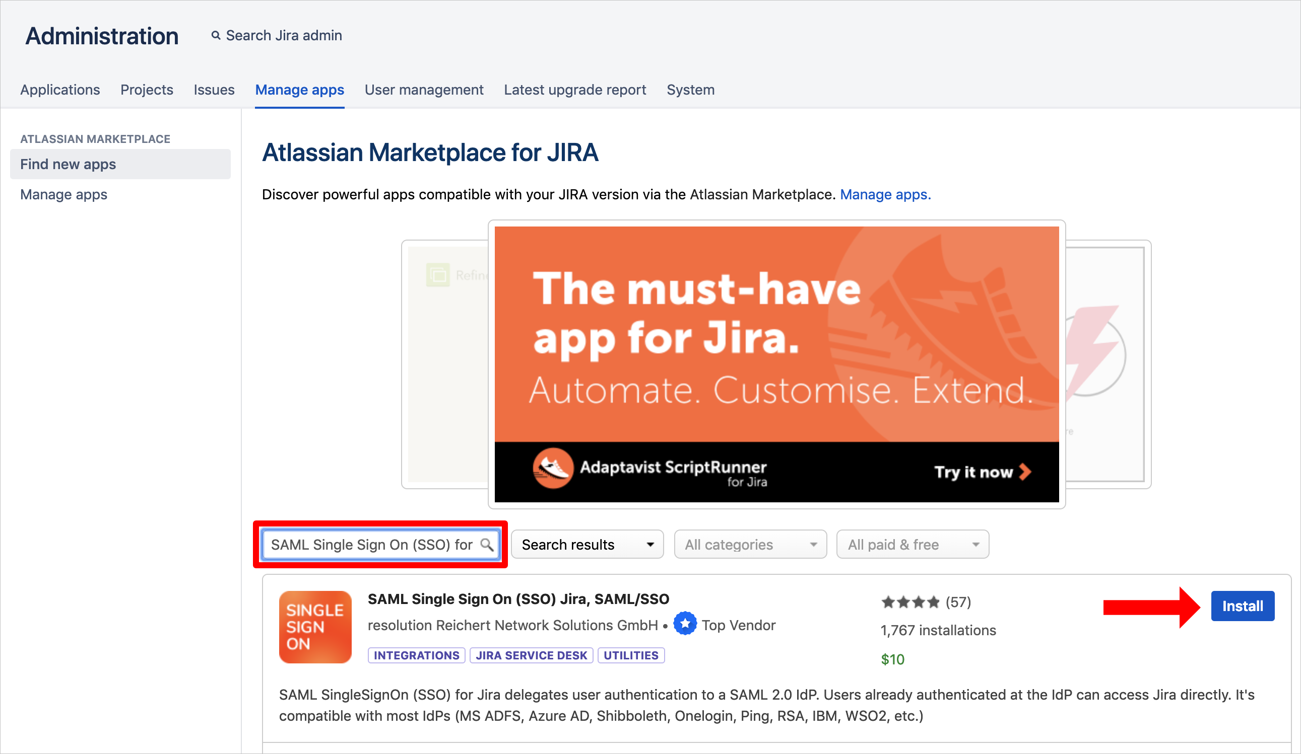 Capture d’écran montrant la page « Atlassian Marketplace for JIRA » avec une flèche pointant sur le bouton « Install » pour l’application « SAML Single Sign On (SSO) JIRA, SAML/SSO »