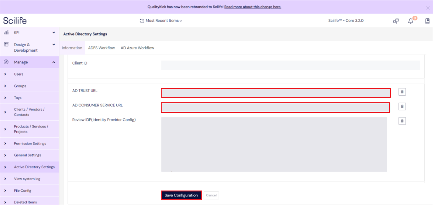 Configuration d’Azure La capture d’écran montre les URL du Portail Microsoft Azure Scilife.