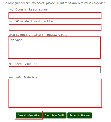 Capture d’écran montrant la page Configuration dans laquelle vous pouvez entrer les valeurs décrites.