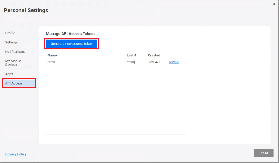 Capture d’écran de la boîte de dialogue Personal Settings (Paramètres personnels) avec les options API Access (Accès à l’API) et Generate new access token (Générer un nouveau jeton d’accès) en évidence.