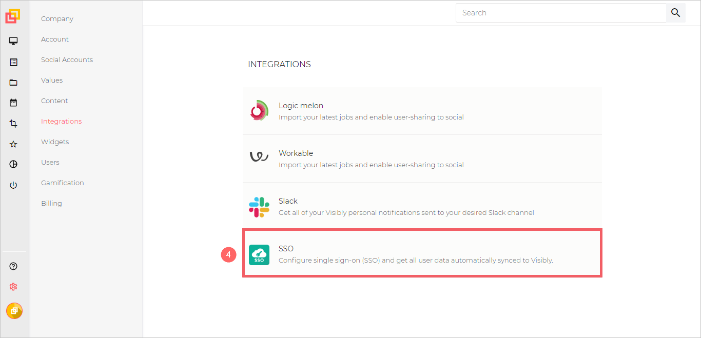 Capture d’écran montrant SSO sélectionnée dans Integrations.