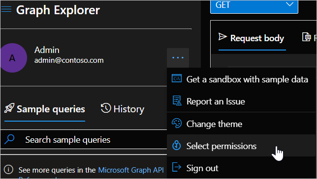 Capture d’écran de l’option Paramètres de Microsoft Graph