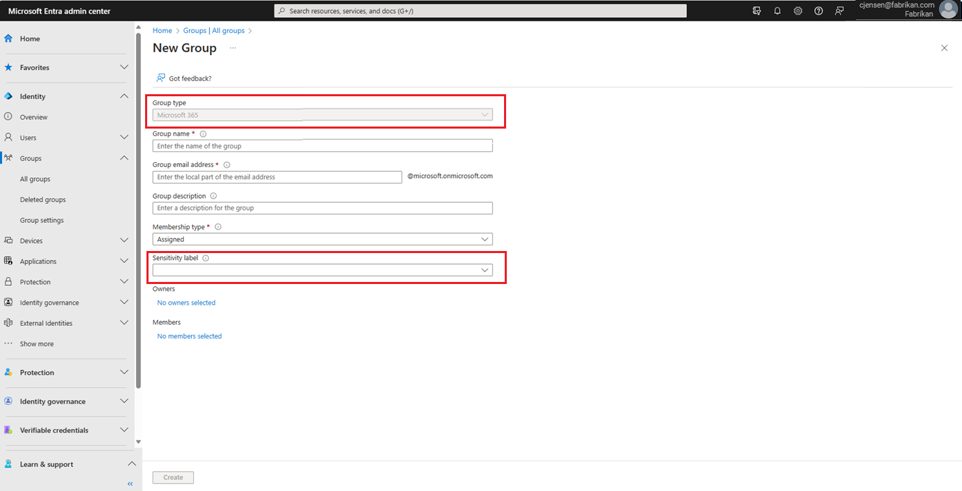 Screenshot of assigning a sensitivity label in the New groups page.