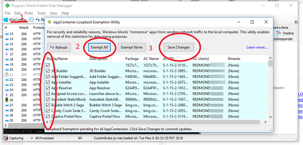 Exemption interface in Fiddler, showing all applications in the WinConfig dialog.