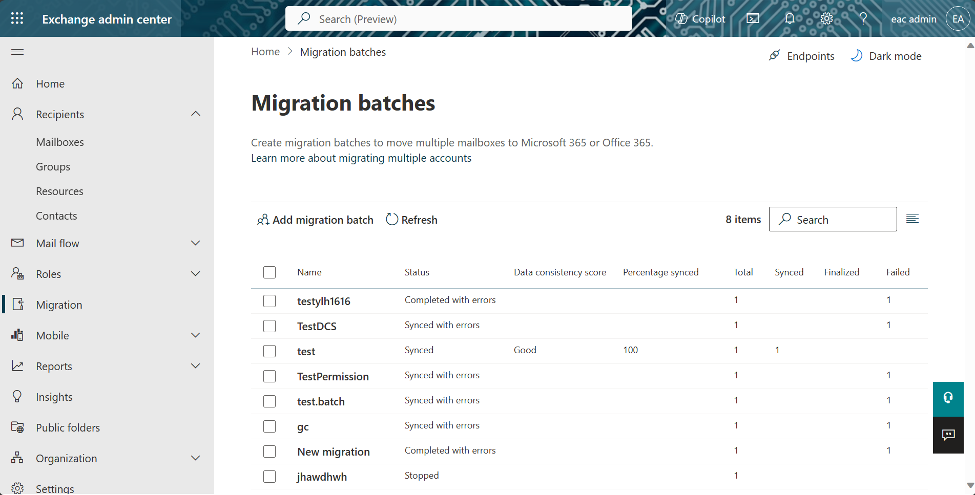 Capture d’écran de la page Lots de migration dans exchange Administration Center.