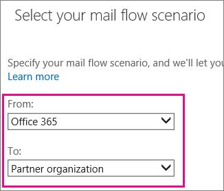 Capture d’écran montrant Microsoft 365 et Office 365 aux options de connecteur organization partenaires.