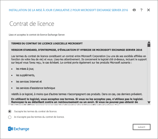 Programme d’installation d’Exchange, page Contrat de licence.