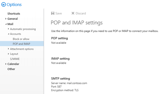Paramètres SMTP dans Outlook sur le web.