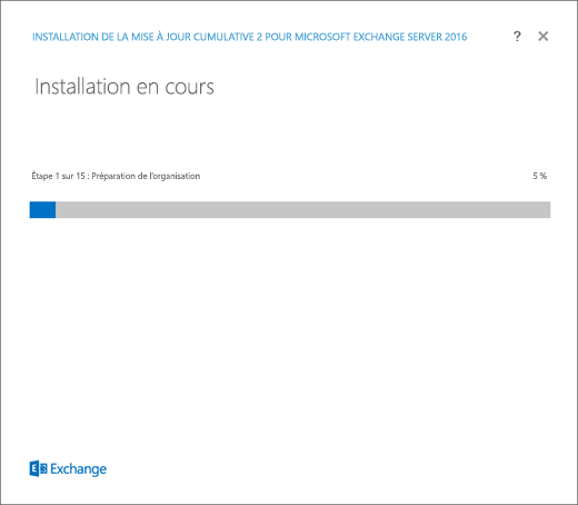 Programme d’installation Exchange – Page Avancement du programme d’installation.