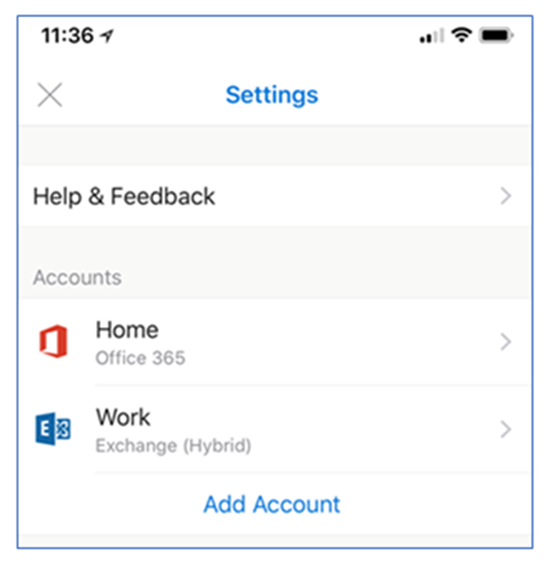 Exemple de compte Outlook pour iOS et Android configuré pour l’authentification moderne hybride.