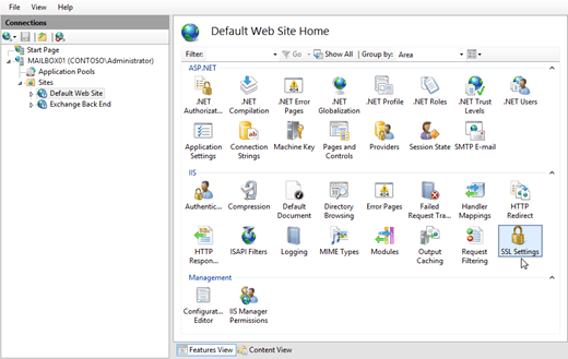 Dans le Gestionnaire des services Internet, sélectionnez le site web par défaut, puis sélectionnez Paramètres SSL.