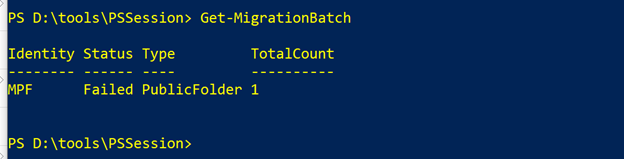 Capture d’écran de la commande Get-MigrationBatch-command.