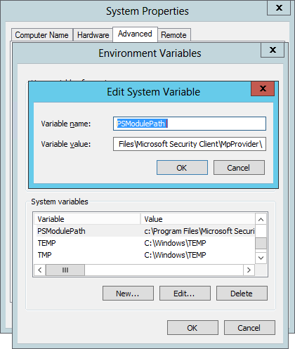 Capture d’écran montrant un espace de fin de la variable PSModulePath dans les variables d’environnement.