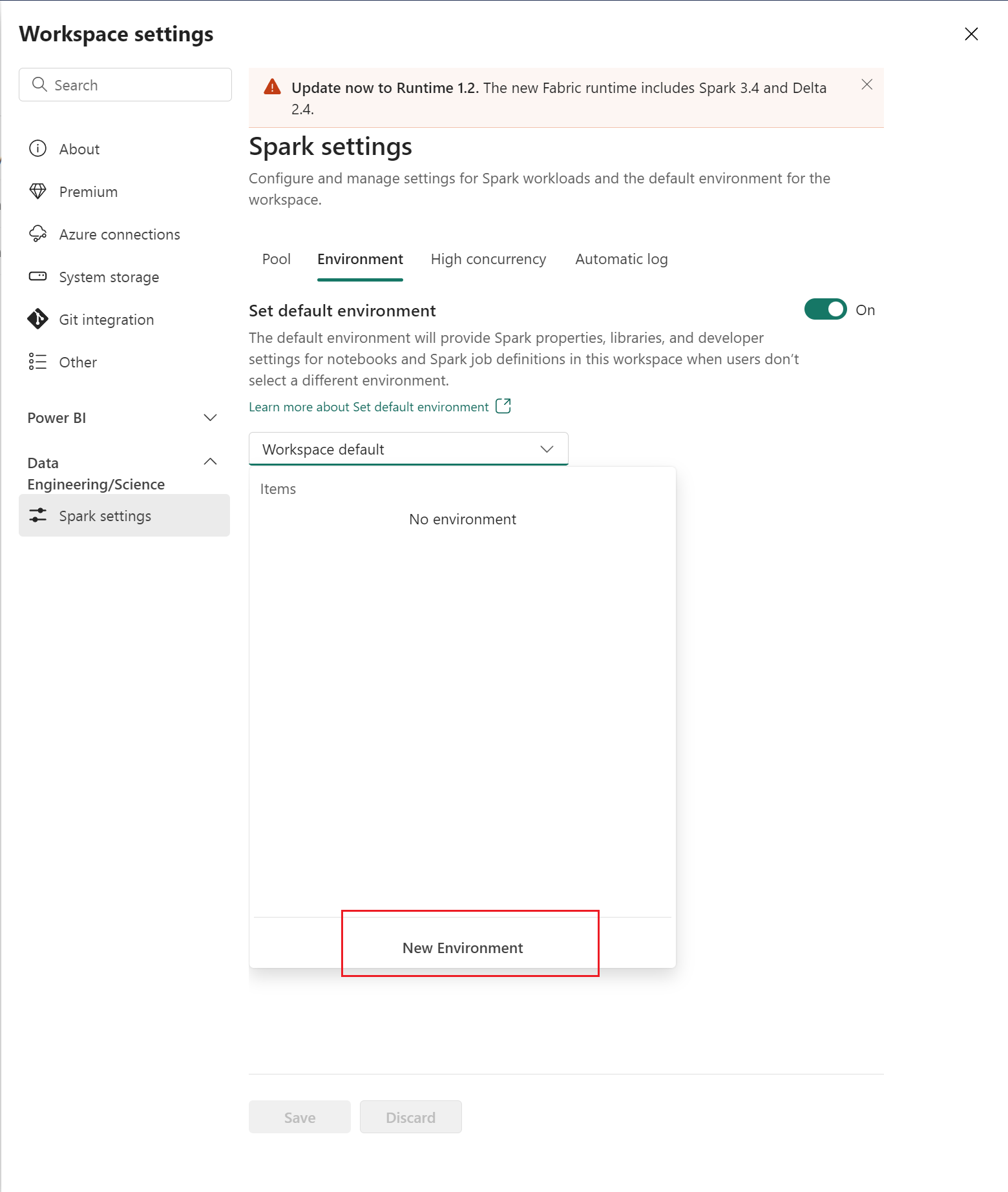 Screenshot showing where to select New Environment in the Workspace default attachment menu in Workspace settings.