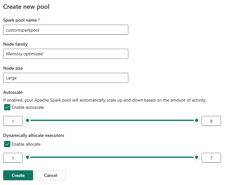 Screenshot showing custom pool creation options for autoscaling and dynamic allocation.