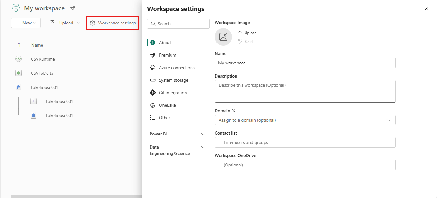 Screenshot showing where to select Data Engineering in the Workspace settings menu.