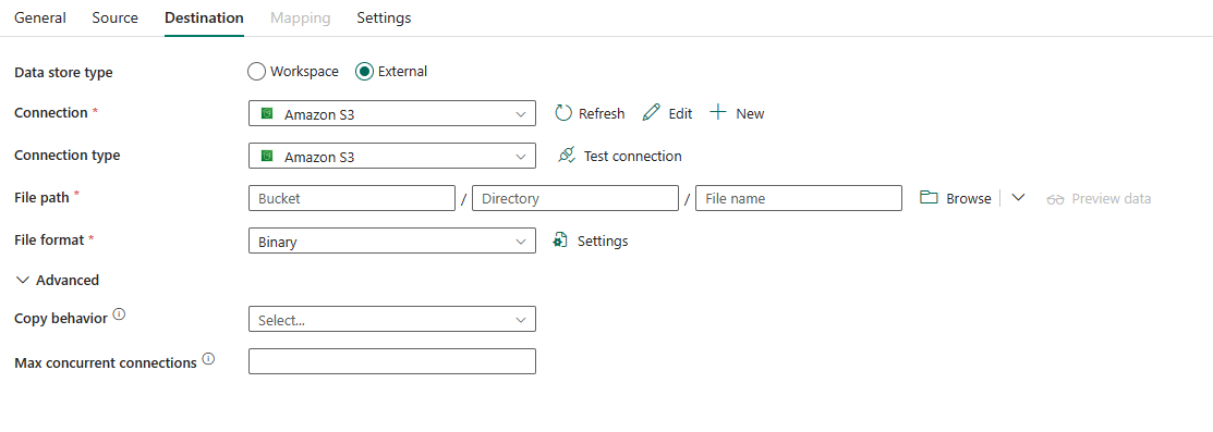 Screenshot showing destination tab and the list of properties.