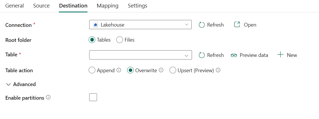 Capture d’écran montrant l’onglet de destination.