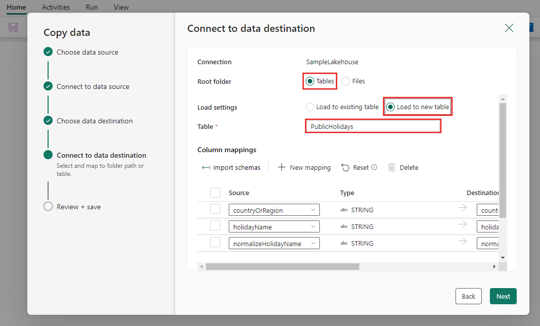 Screenshot showing the Connect to data destination page of the Copy data assistant with Tables selected and a table name for the sample data provided.