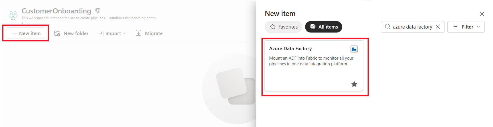 Capture d’écran de l’expérience de création d’un nouvel élément dans l’espace de travail Microsoft Fabric, avec Azure Data Factory sélectionné.
