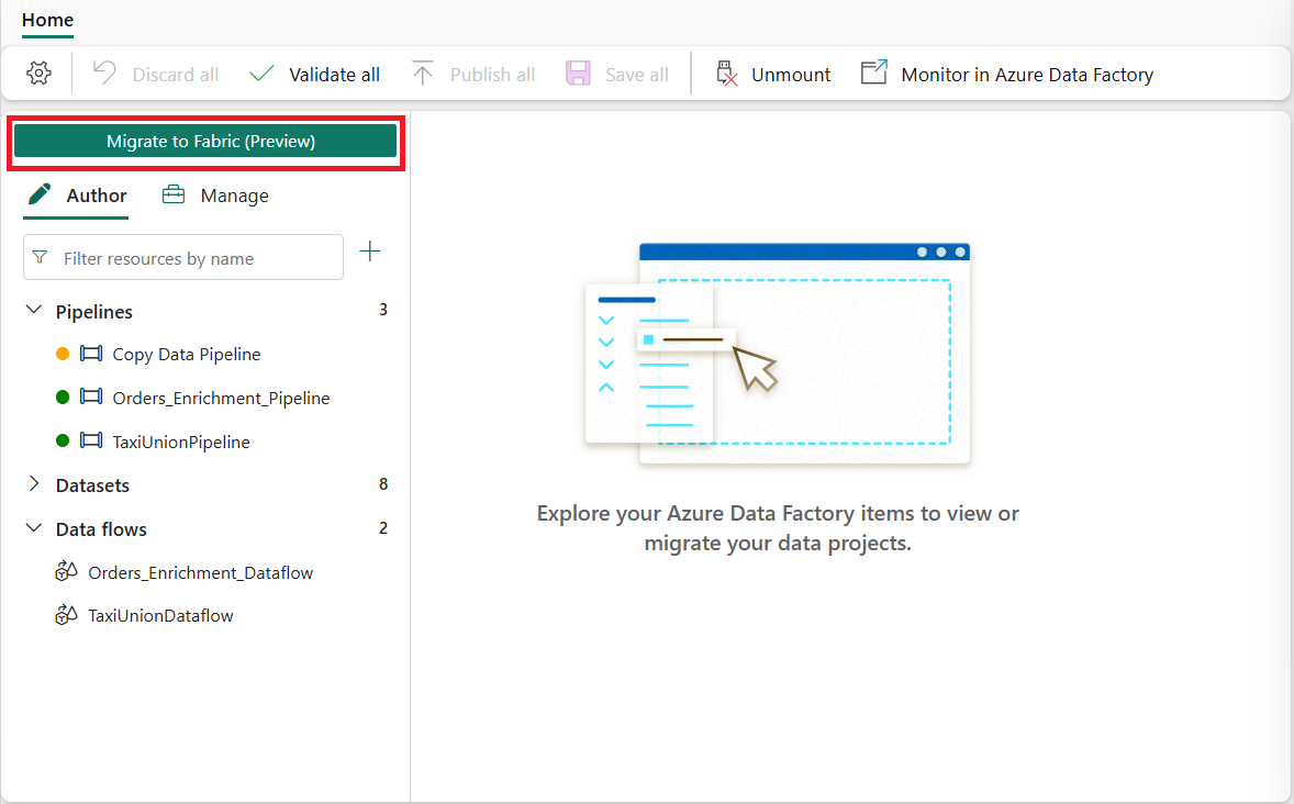Capture d’écran de l’élément Azure Data Factory monté dans Fabric montrant l’option Migrer vers Fabric (préversion).