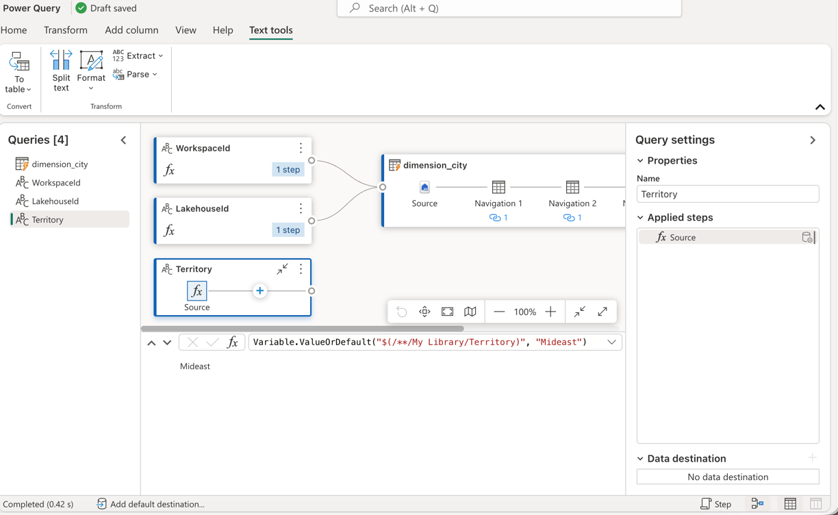 Capture d’écran de la requête Territory créée dans le dataflow.