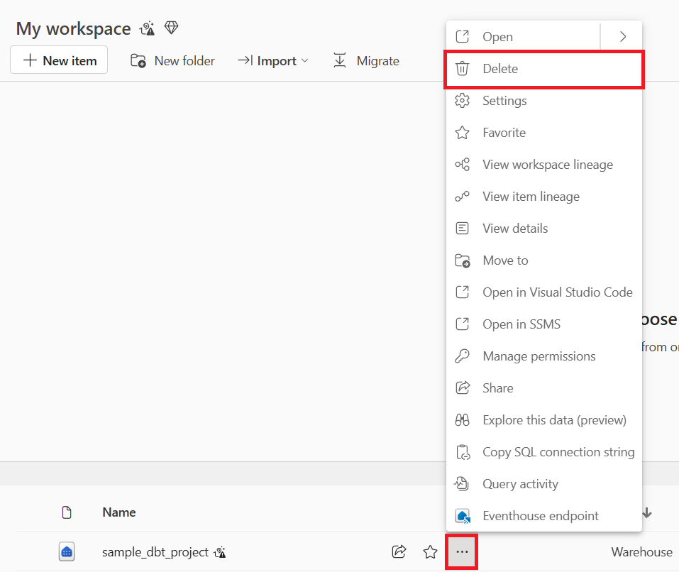 Capture d’écran montrant le menu Plus d’options pour supprimer l’entrepôt de votre espace de travail.
