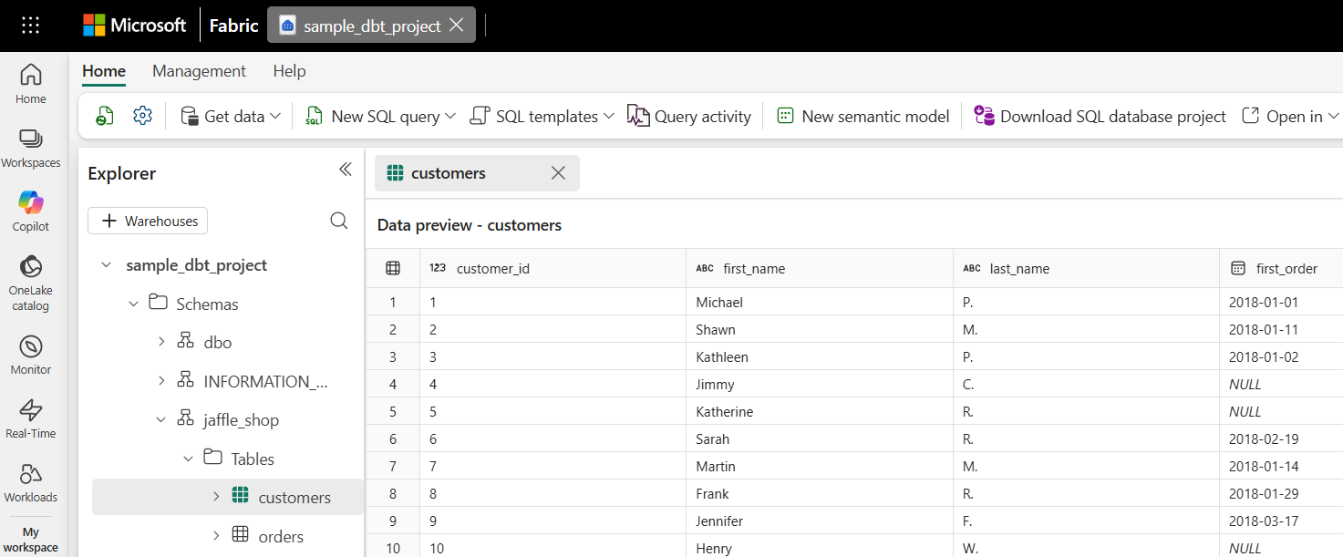 Capture d’écran montrant les données transformées dans l’entrepôt Fabric.