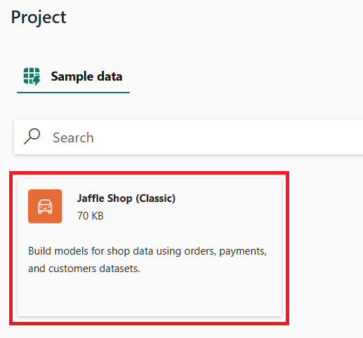 Capture d’écran montrant l’option exemple de projet Jaffle Shop.