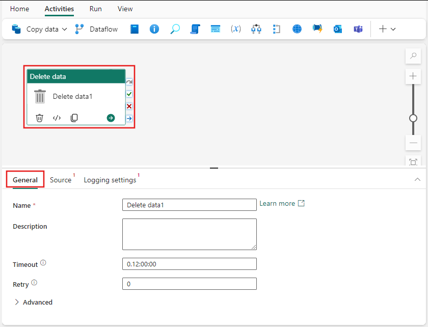 Screenshot showing the General settings tab of the Delete data activity.