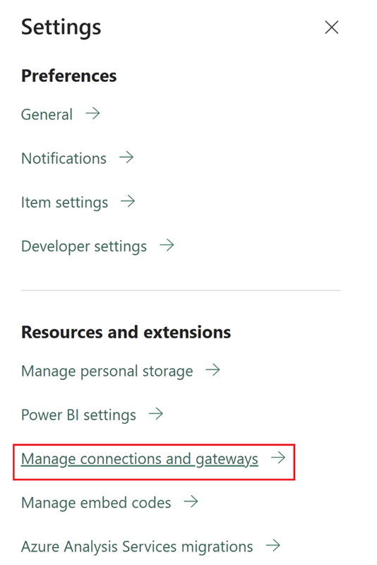 Capture d'écran illustrant le menu Paramètres avec la fonction Gestion des connexions et des passerelles en surbrillance.