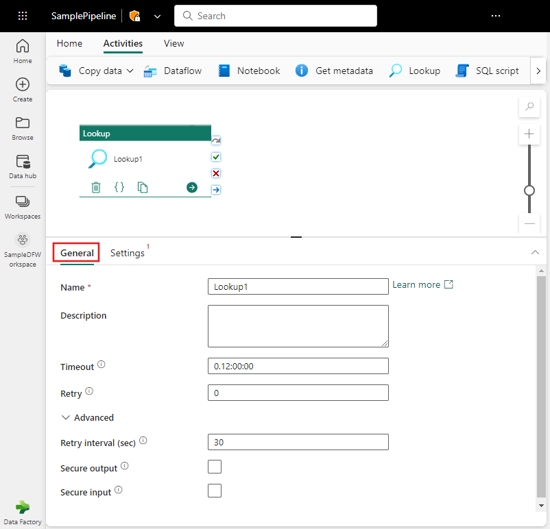 Screenshot showing the General settings tab of the Lookup activity.