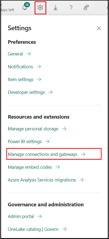 Capture d’écran du lien Gérer les connexions et les passerelles sous le menu Paramètres.