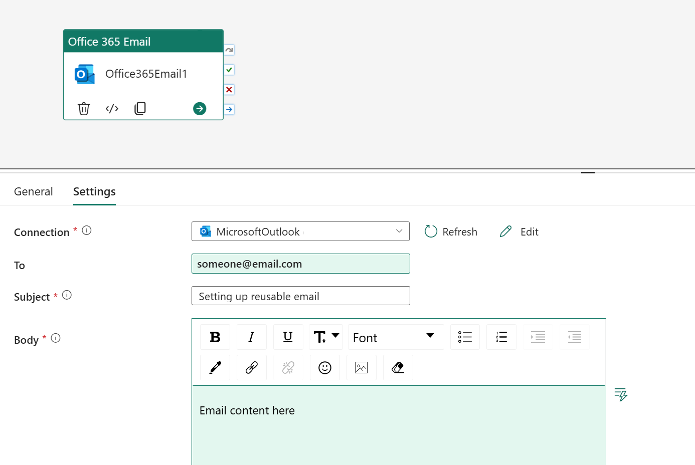 Screenshot affichant l’onglet Paramètres et la configuration d’une activité Office 365 Outlook réutilisable.