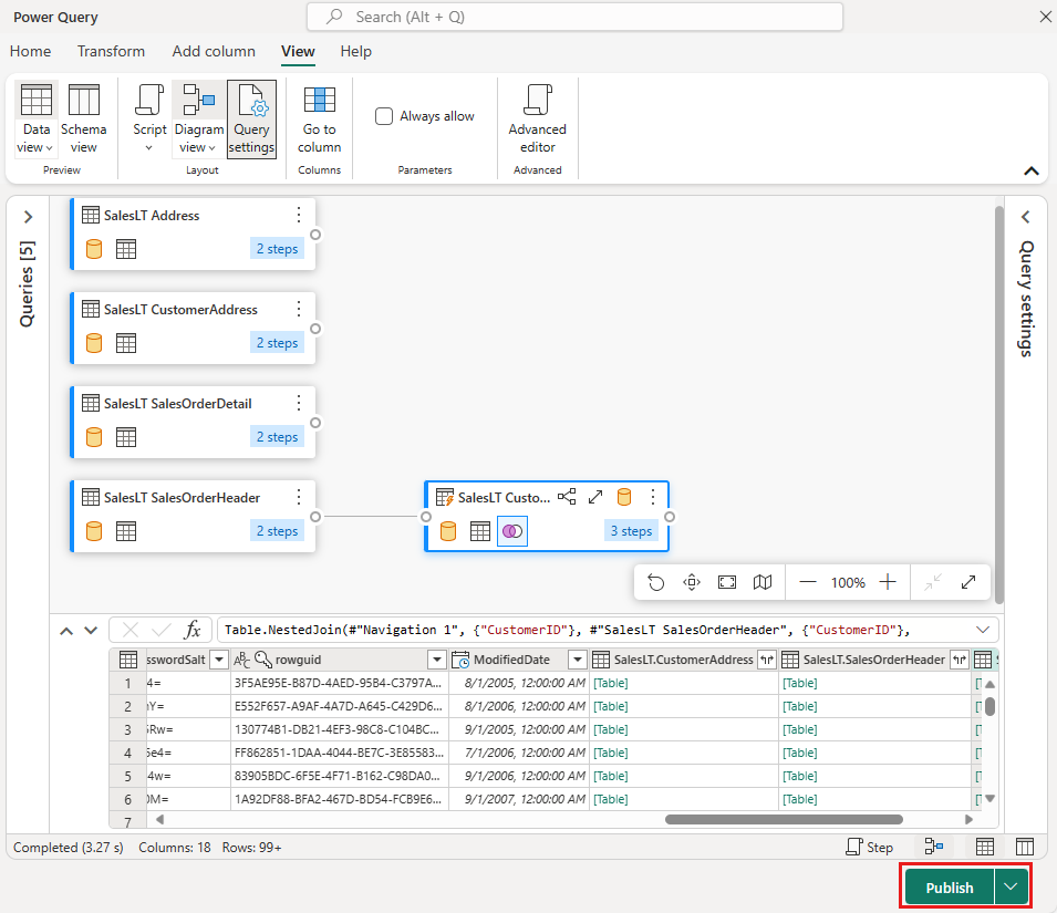 Capture d’écran mettant en évidence le bouton Publier dans l’éditeur de flux de données Gen2.