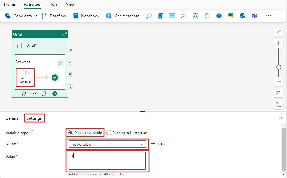 Capture d’écran montrant les paramètres de l’activité Enfant Définir la variable de l’activité Until.
