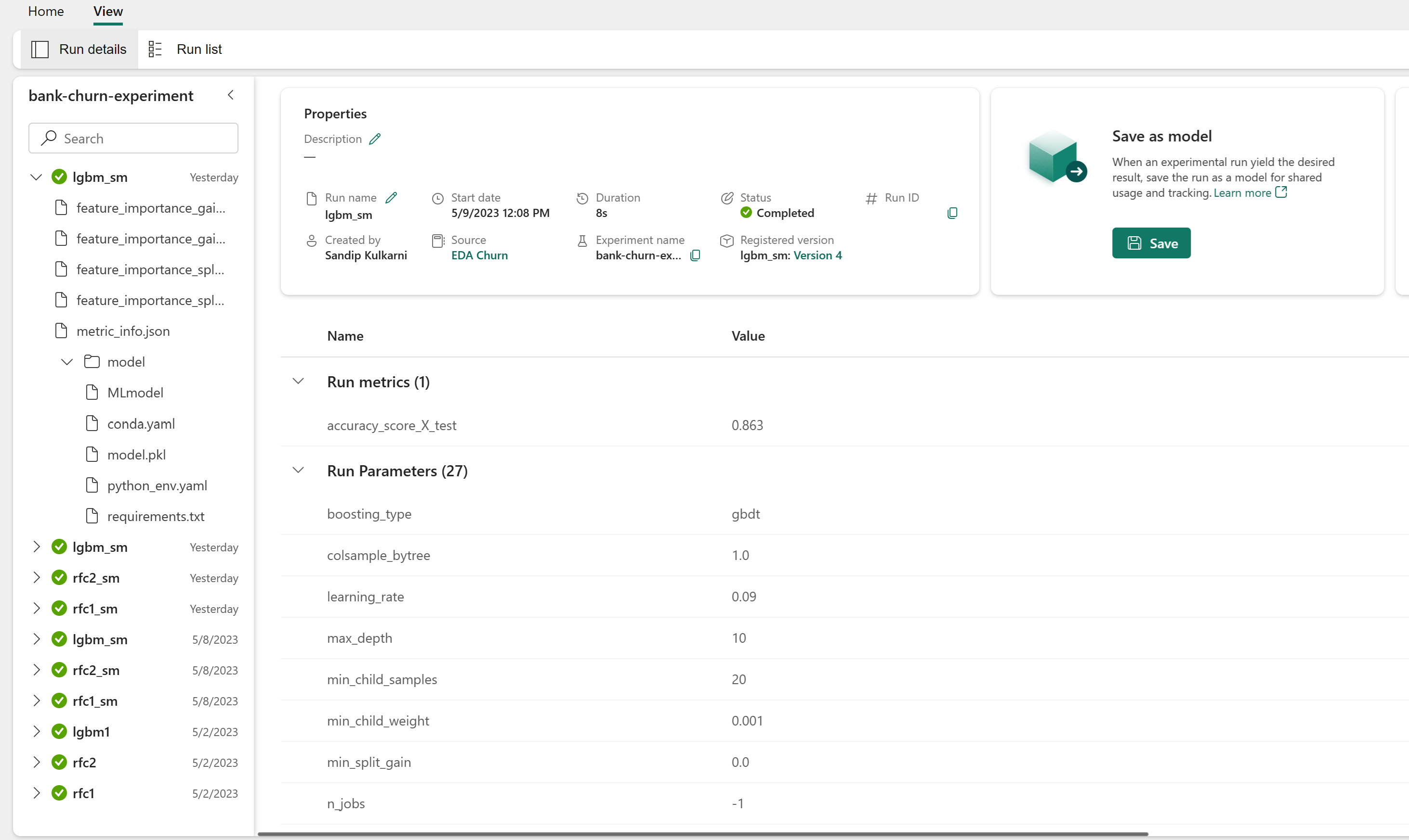 Capture d’écran montrant la page d’expérience de bank-churn-experiment.