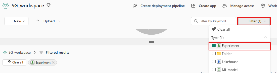 Capture d’écran montrant l’espace de travail avec le filtre d’expériences sélectionné.
