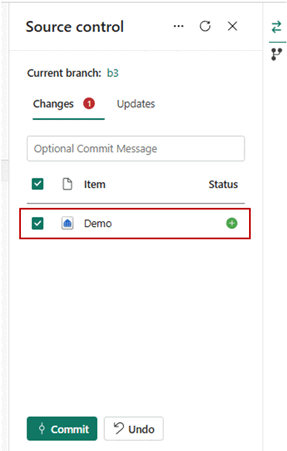 Capture d’écran du menu de contrôle de version dans le portail Fabric, montrant le dialogue de validation et le message de validation optionnel.