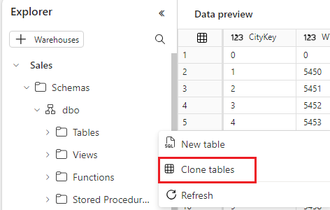 Capture d'écran montrant le point d'entrée de plusieurs tables de clonage.