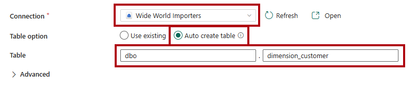 Capture d’écran de la page Destination, mettant en évidence les modifications effectuées lors des étapes précédentes.