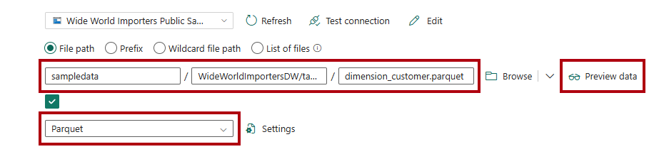 Capture d’écran de la page Source, mettant en évidence les modifications apportées aux étapes précédentes et la fonction aperçu des données.