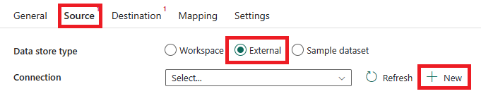 Capture d’écran de l’onglet Source, montrant où sélectionner External (Externe) et New (Nouveau).