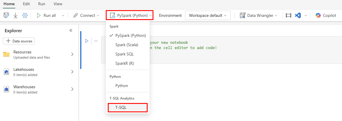 Capture d’écran montrant la modification du noyau ou de l’environnement du Notebook sur T-SQL.