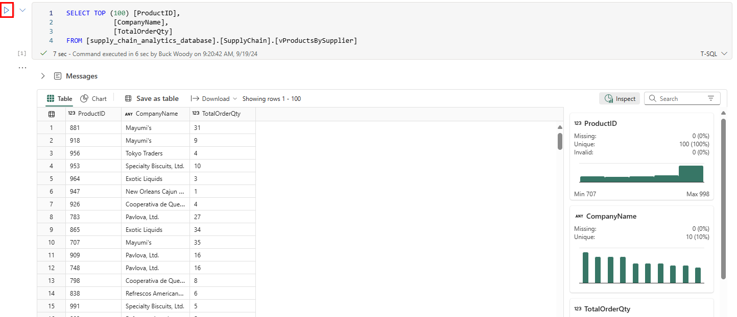 Capture d’écran montrant les résultats de la requête SELECT TOP 100.