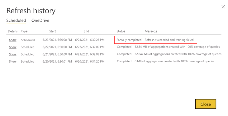 Capture d’écran de l’historique des actualisations montrant un élément partiellement terminé.