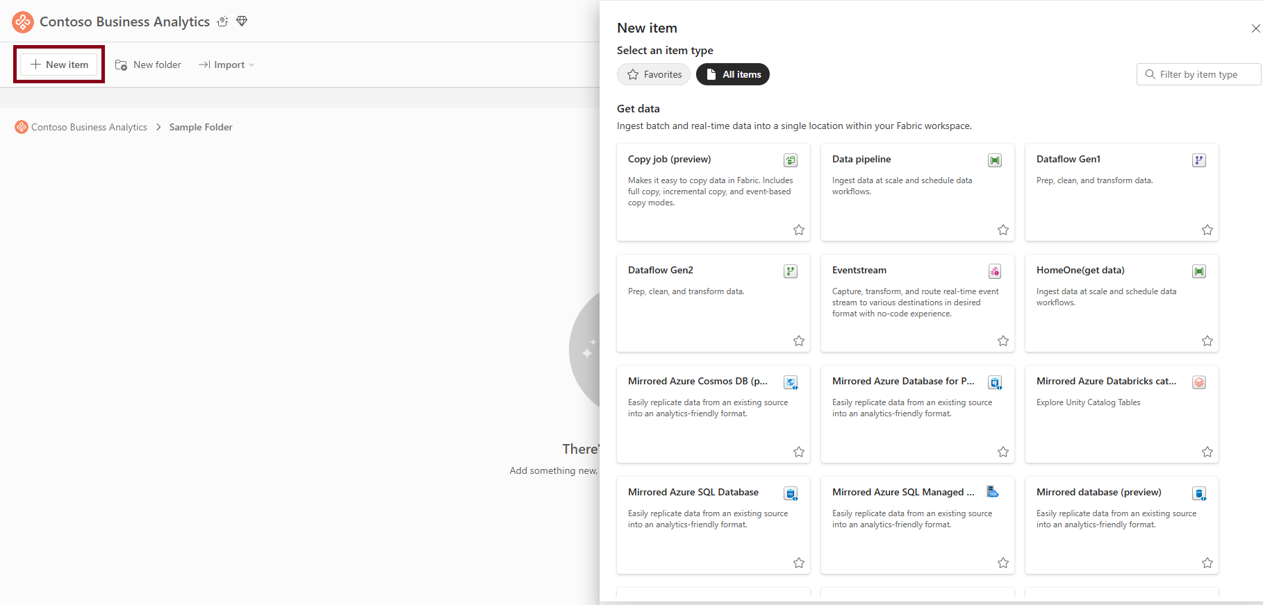 Capture d’écran montrant la création d’un élément à partir d’un menu à l’intérieur d’un dossier.