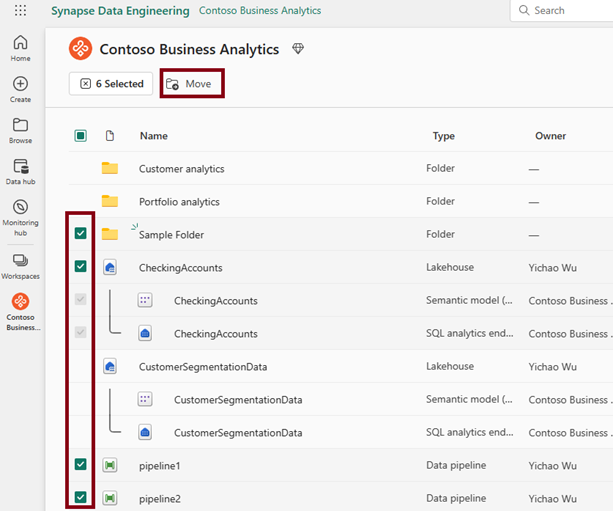 Capture d’écran montrant les éléments sélectionnés et le bouton Déplacer.